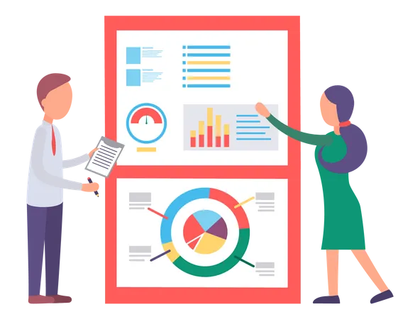 Man and Woman Presenting Business Analytics Charts Illustration