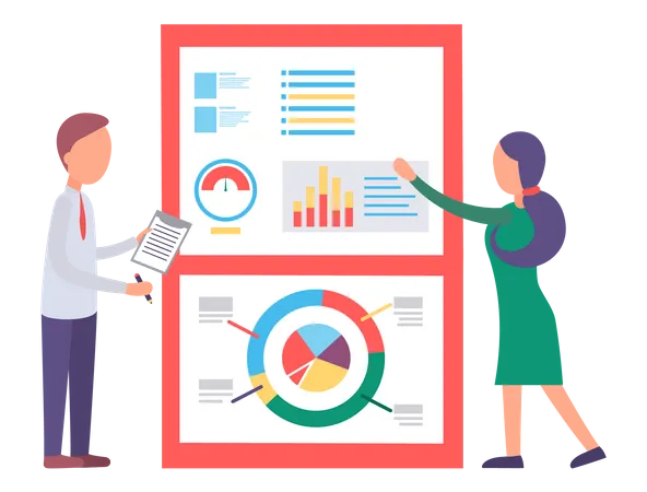 Man and Woman Presenting Business Analytics Charts  Illustration