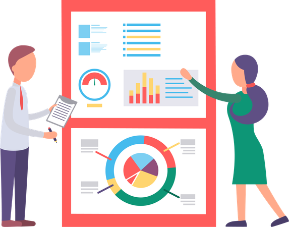 Man and Woman Presenting Business Analytics Charts  Illustration