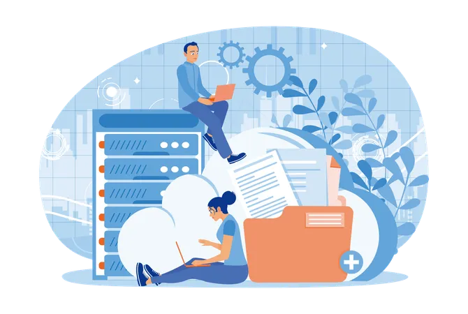 Man And Woman Processing Data Online and Add Files To Data Center  Illustration