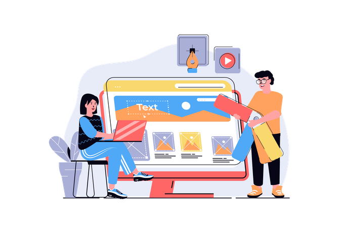 Man and woman programming and creating site layout with content organization  Illustration