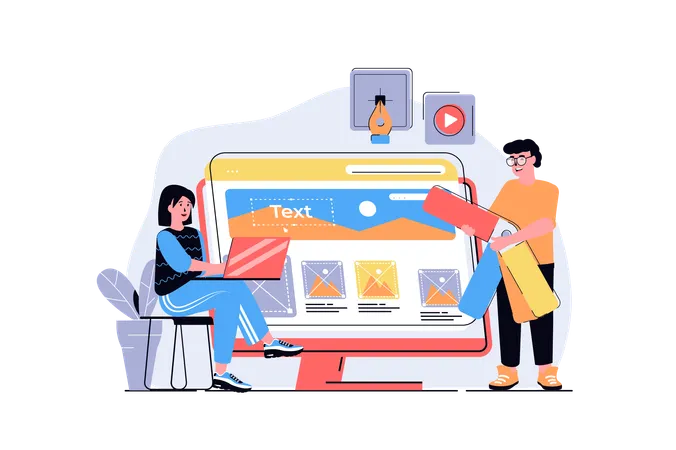 Man and woman programming and creating site layout with content organization  Illustration