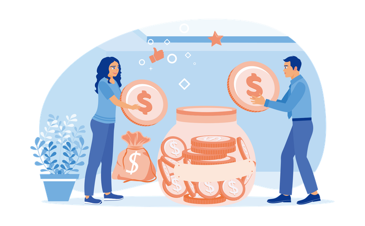 Man and woman put money into a glass jar  Illustration