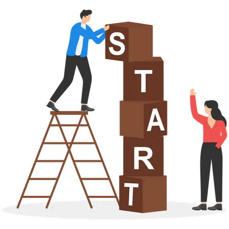 Woman And Man Connect Puzzle Elements With The Word Start Starting A Business Team Success Together Plan For Business Direction Start A New Career Illustration