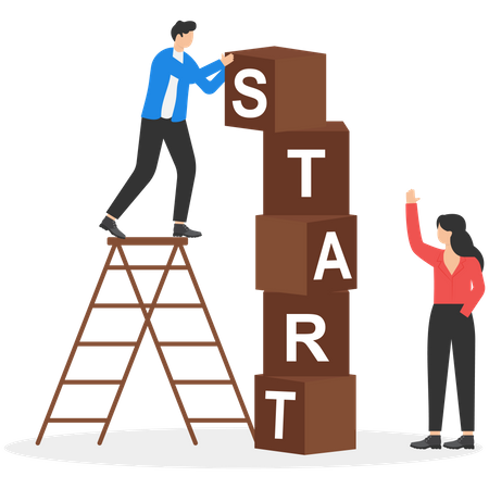 Man and woman put startup block  Illustration