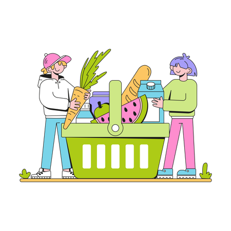 Man And Woman Put Their Shopping In Basket  Illustration