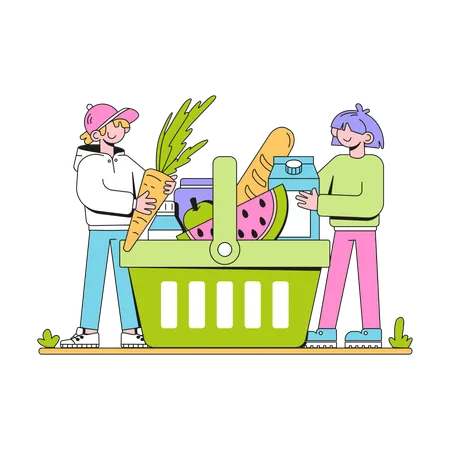 Man And Woman Put Their Shopping In Basket  Illustration