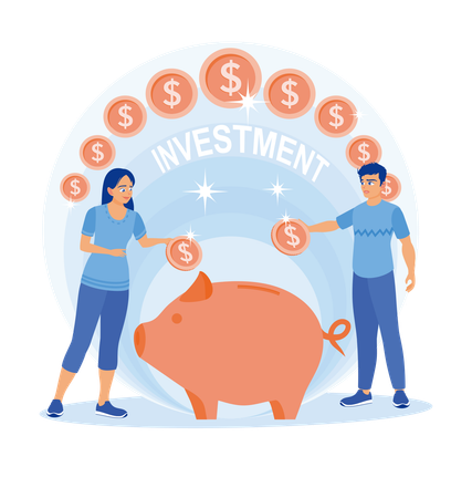 Man and woman putting coins in piggy bank  Illustration