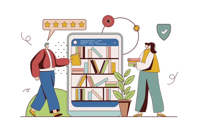 Online Library Concept With Character Situation In Flat Design Man And Woman Read E Books And Buy Books Online In Bookstores In Mobile Application Vector Illustration With People Scene For Web Illustration