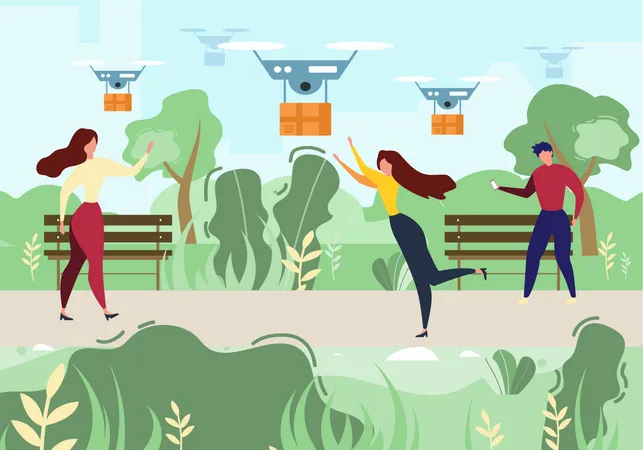 Man and Woman Receiving order by Drone Delivery  Illustration