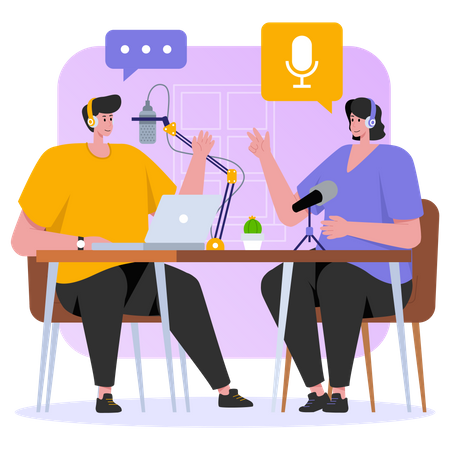 Man and woman recording a podcast conversation Illustration