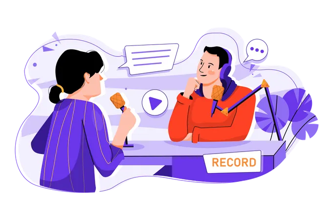 Man and woman recording a podcast conversation  Illustration