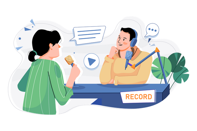 Man And Woman Recording A Podcast Conversation  Illustration