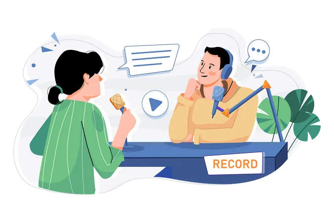 Man And Woman Recording A Podcast Conversation Illustration