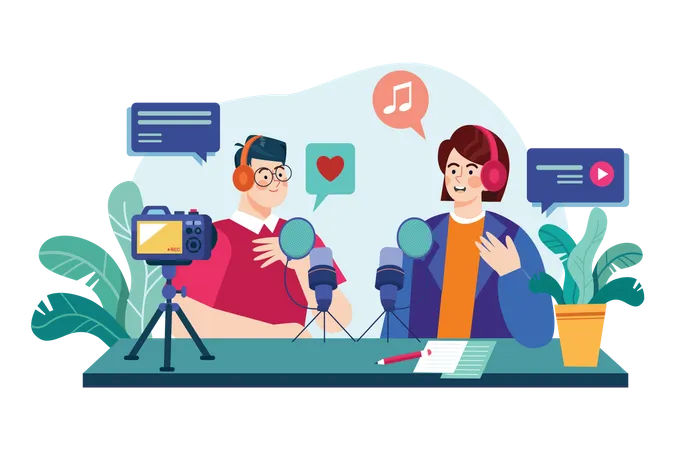 Man And Woman Recording A Podcast Conversation  Illustration