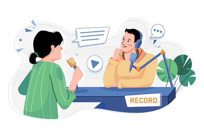 Man And Woman Recording A Podcast Conversation  Illustration