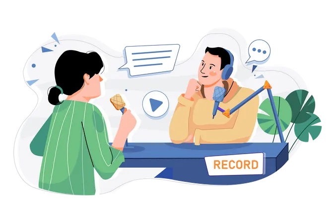 Man And Woman Recording A Podcast Conversation  Illustration