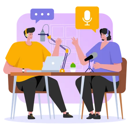 Man and woman recording a podcast conversation  Illustration