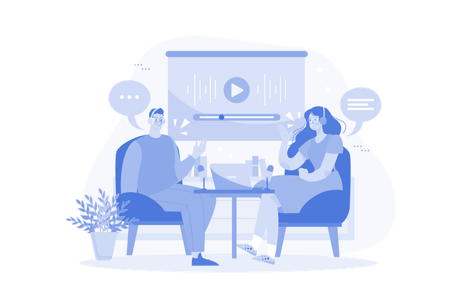 Man and woman recording conversation in a podcast  Illustration