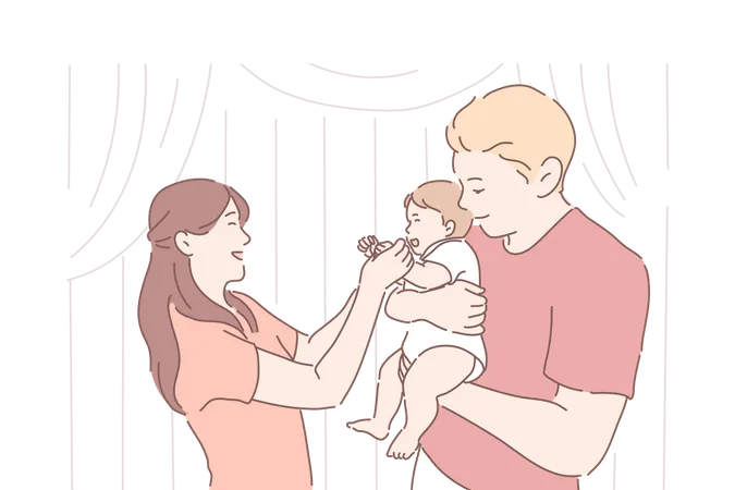 Family Parenthood Childhood Together Concept Young Happy Parents Man And Woman Rejoice In Their Firstborn Child Girl Or Boy Mom And Dad Holding Smiling Baby Adoption Simple Flat Vector 일러스트레이션