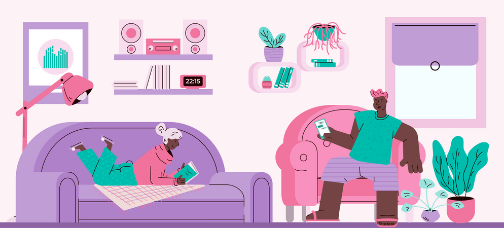 Man and woman relaxing in living room reading a book and using smartphone.  Illustration