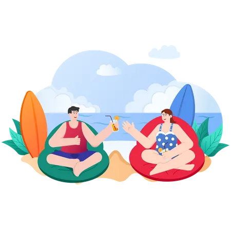 Man And Woman Relaxing On Beach  Illustration