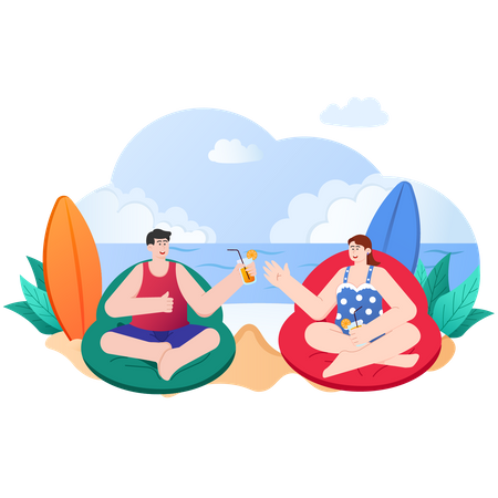 Man And Woman Relaxing On Beach  Illustration