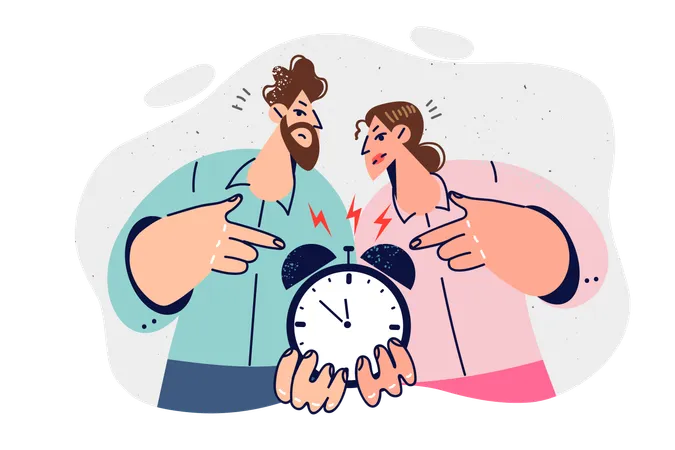 Man And Woman Remind About Deadlines And Please Hurry Up By Showing Alarm Clock And Pointing With Fingers At Time Two Managers Synchronously Rant To Subordinate Setting Tasks Or Deadlines Illustration