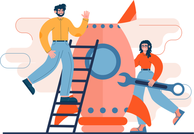 Man and woman repairing rocket using wrench  Illustration