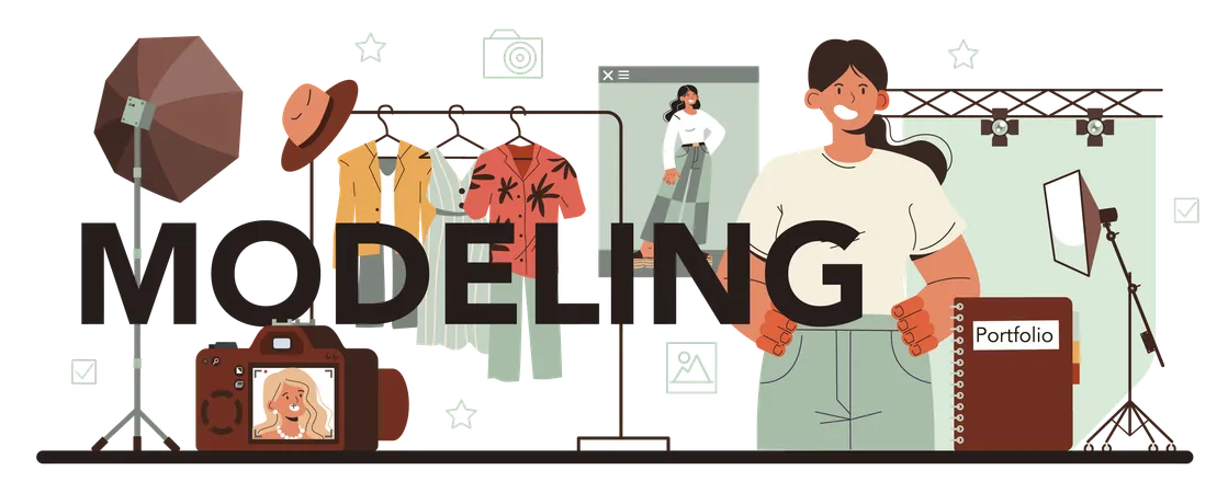 Modeling Typographic Header Man And Woman Represent New Clothes At A Fashion Show On A Runway And Photoshoot Fashion Industry Worker Or Influencer Flat Vector Illustration Illustration