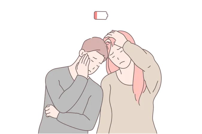 Tired People Exhausted Workers Professional Burnout Concept Man And Woman Resting Suffering From Exhaustion And Fatigue Low Battery Running Out Of Energy Metaphor Simple Flat Vector Illustration