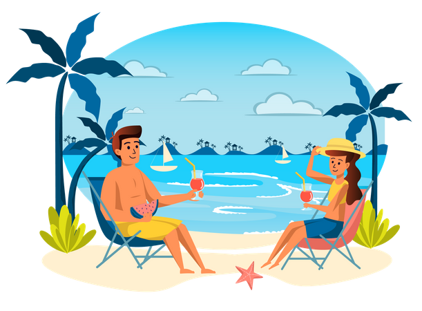 Man and woman resting at seaside resort Illustration