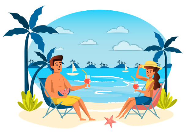 Man and woman resting at seaside resort  Illustration