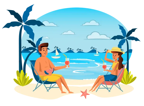 Man and woman resting at seaside resort  Illustration