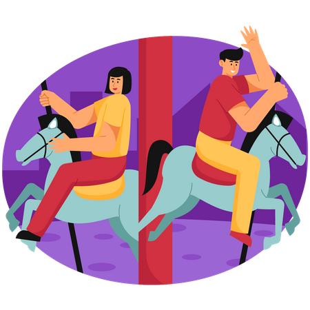 Man and Woman Riding carousel in Amusement Park  Illustration