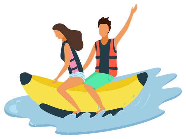 Man and woman riding on inflatable banana ride on sea  Illustration