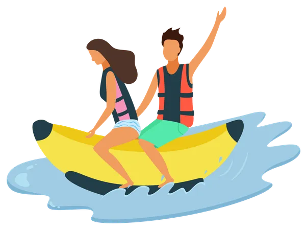 Man And Woman Riding On Inflatable Banana On Sea Waters Splashes Isolated Husband And Wife In Aquapark Leisure Activity Extreme Recreation Attractions Illustration