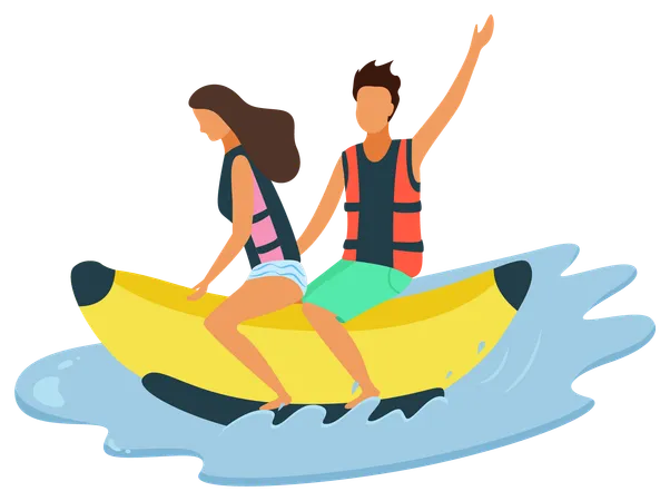 Man and woman riding on inflatable banana ride on sea  Illustration