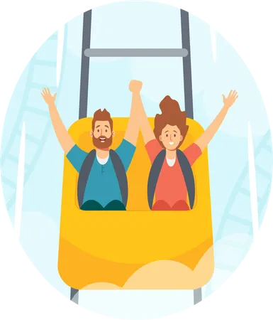 Man and Woman Riding Roller Coaster in Amusement Park  Illustration