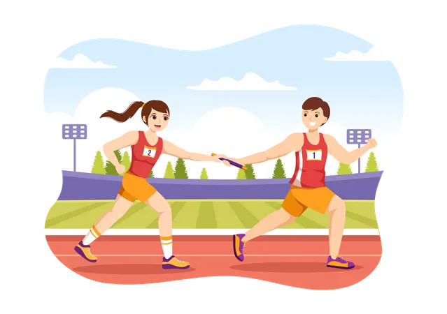 Man and woman running in race  Illustration