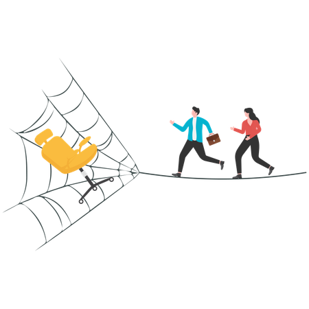 Man and woman running on cobweb for job trap  Illustration