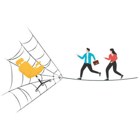 Man and woman running on cobweb for job trap  Illustration