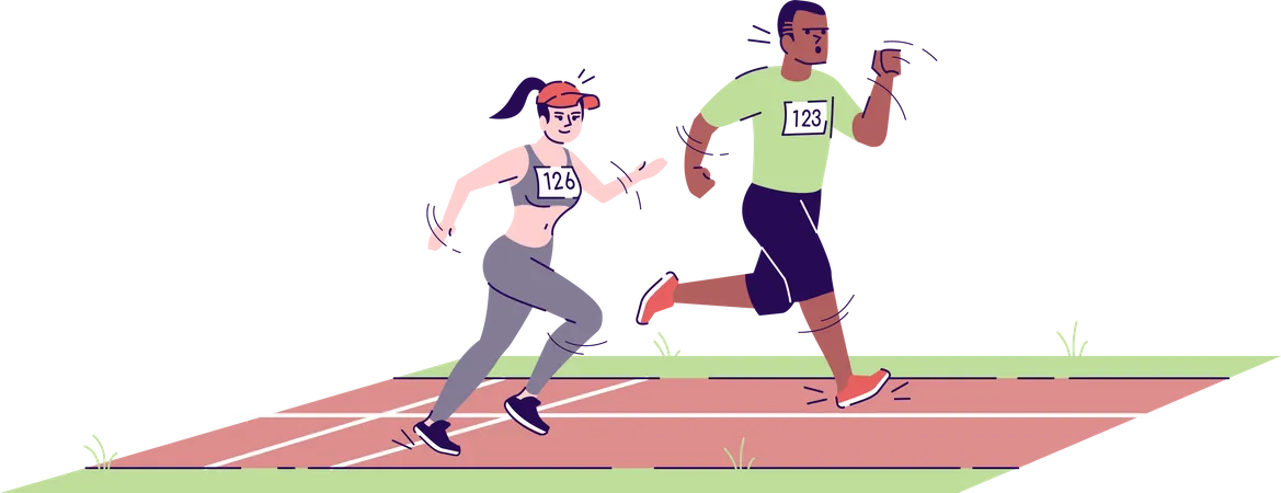 Man And Woman Running On Marathon Track Flat Vector Illustration Competitors Athletic Boy And Girl Sprinting On Stadium Road Isolated Cartoon Characters With Outline Elements On White Background Illustration