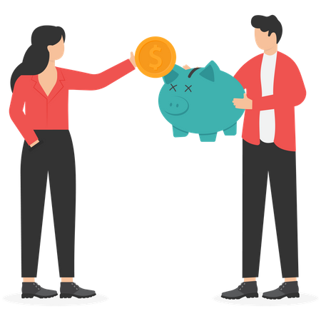 Man and woman savings money in piggy bank  Illustration