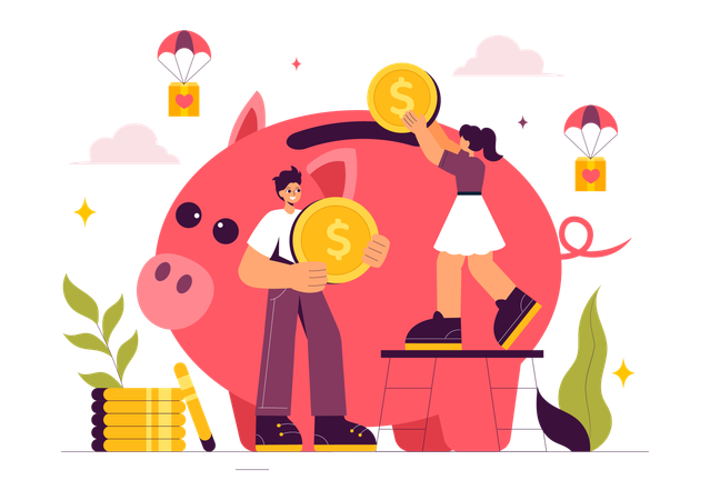 Man and woman savings money in piggy bank  Illustration