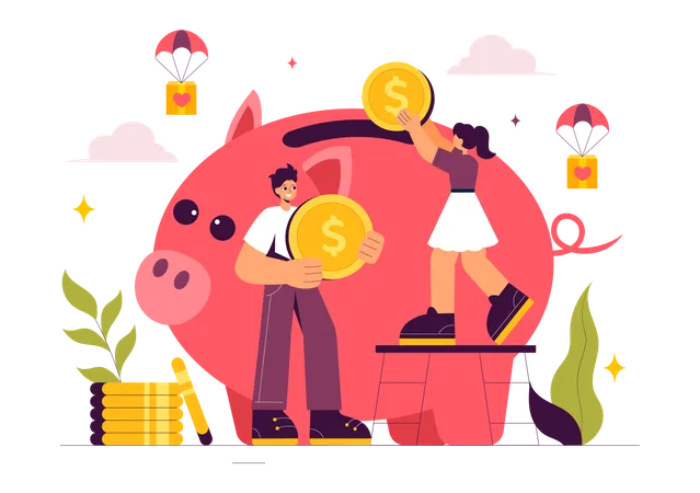 Man and woman savings money in piggy bank  Illustration