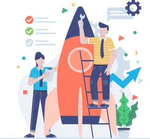 Startup Employees Teamwork Men And Women Scenes With Spaceship For Launching New Business Illustration Concept Of Development Brainstorming Innovation Marketing Strategy And Grow The Idea Illustration