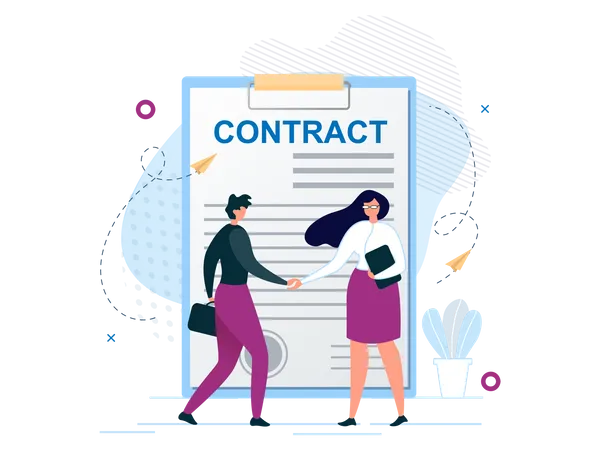 Man and Woman Shaking Hands Agree to Sign Contract  Illustration