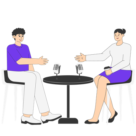 Man and Woman Shaking Hands at Start of Podcast  Illustration