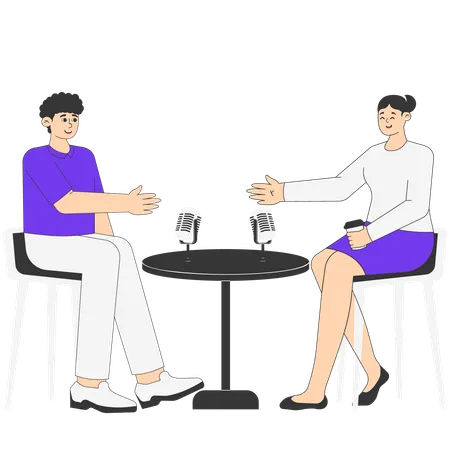 Man and Woman Shaking Hands at Start of Podcast  Illustration